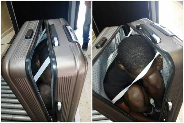 (تصویر) مخفی شدن یک پناهجو در چمدان