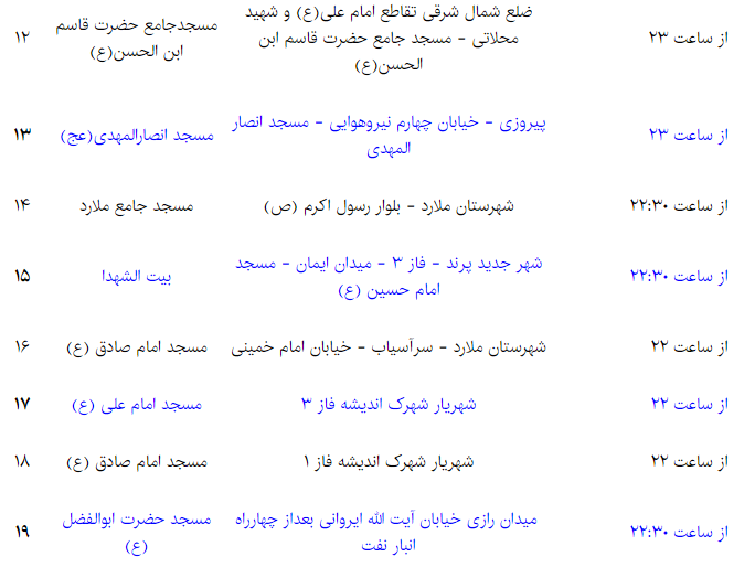 برنامه مساجد بزرگ تهران برای شب نوزدهم رمضان