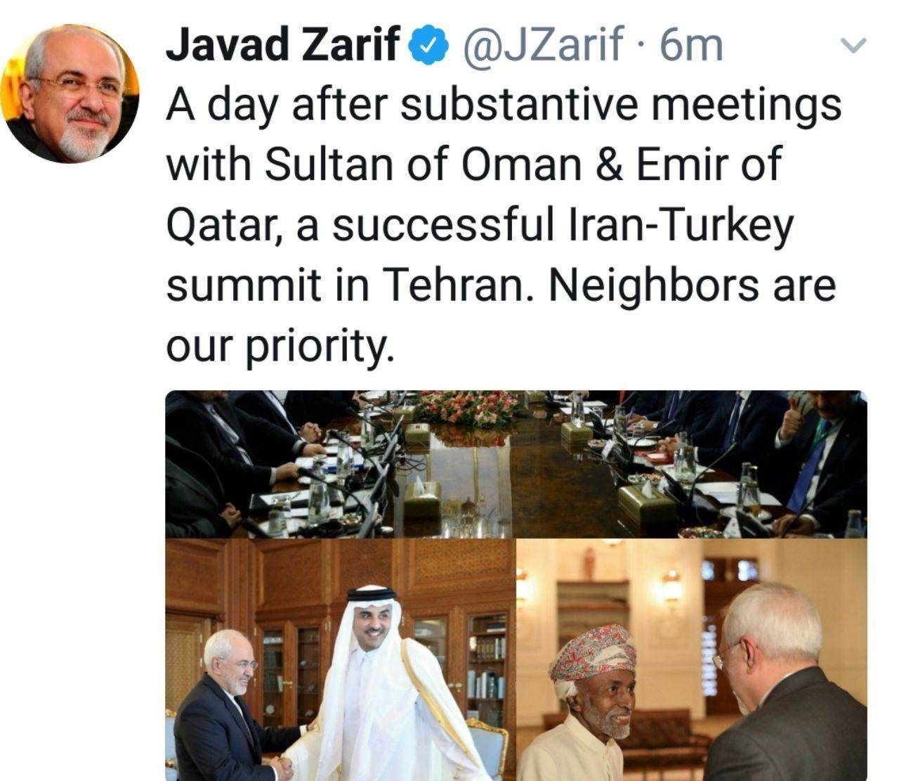 پست توئیتری ظریف دریاره سفر به عمان و قطر