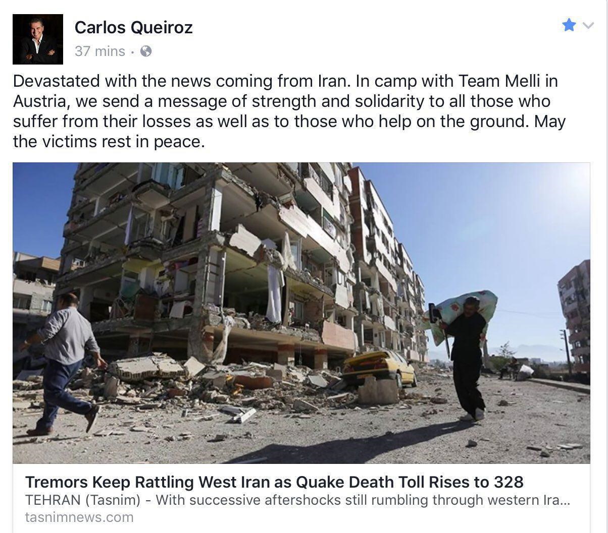 پیام کی‌روش برای مردم زلزله‌زده ایران