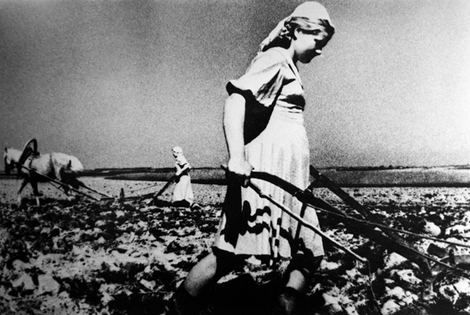 زنان در حال شخم زدن زمین در سال های جنگ  