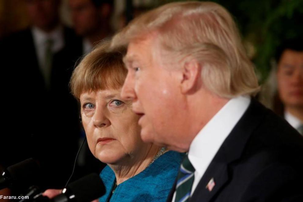 آنگلا مرکل، صدراعظم آلمان و ترامپ در یک کنفرانس خبری مشترک در اتاق شرقی کاخ سفید
