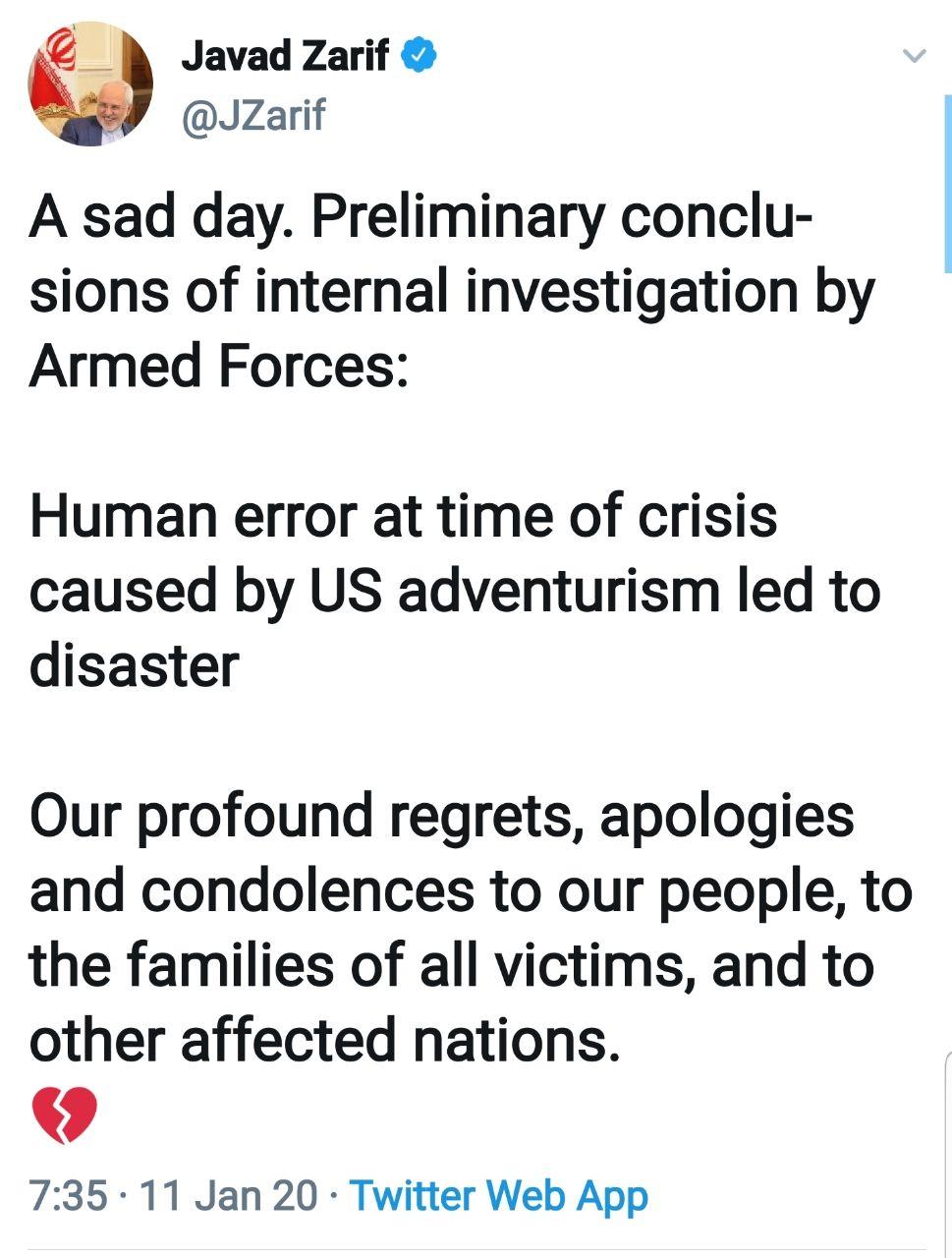توییت ظریف درباره نتایج علل سقوط هواپیمای اوکراینی