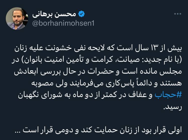 محسن برهانی: لایحه نفی خشونت علیه زنان ۱۳ سال در مجلس مانده و لایحه حجاب ۲ ماهه به شورای نگهبان رسید