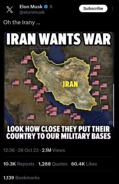 ایلان ماسک: ایران جنگ طلب است!