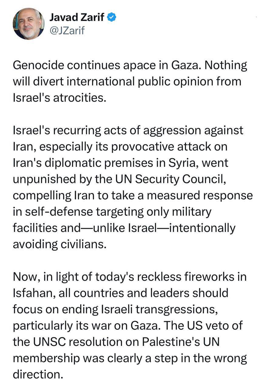 ظریف حمله موشکی اسرائیل به خاک ایران را «آتش‌بازی» خواند