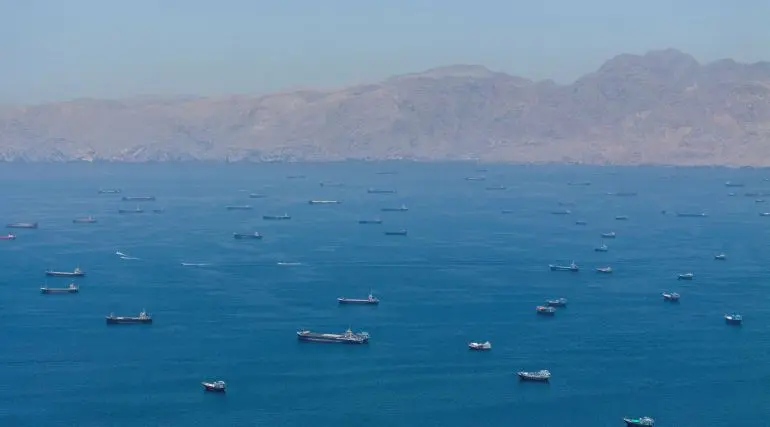 A drone view shows vessels anchored in the Strait of Hormuz_ as seen from Musandam_ Oman [File Reuters]