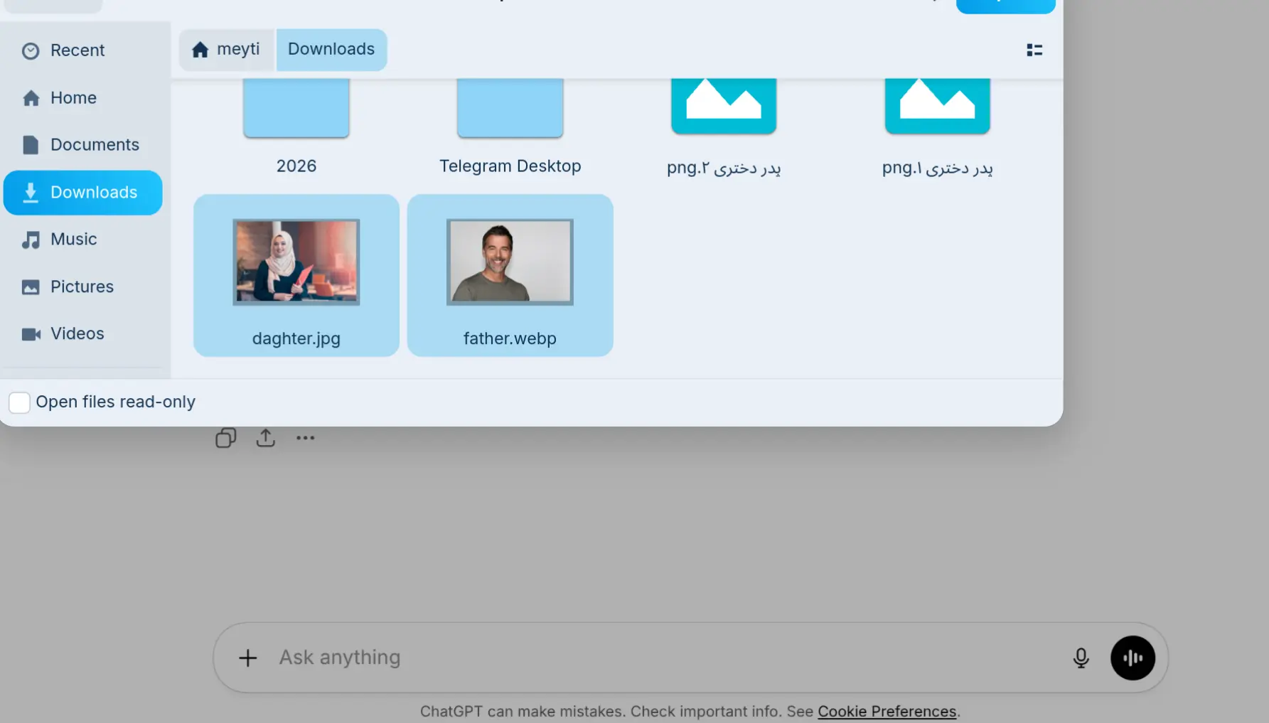 انتخاب فایل عکس برای چت جی پی تی