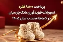 پرداخت ۸۸۰۰ فقره تسهیلات فرزندآوری بانک پارسیان در ۶ماهه سال ۱۴۰۵