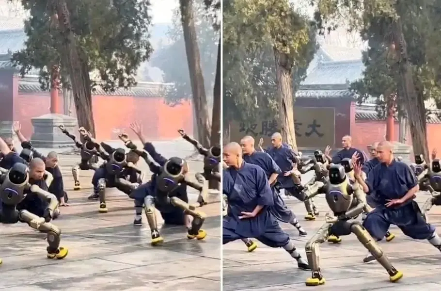 تمرین رزمی ربات‌های انسان‌نما در معبد شائولین