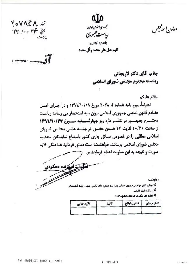 تصوير نامه درخواست حضور احمدي‌نژاد در مجلس