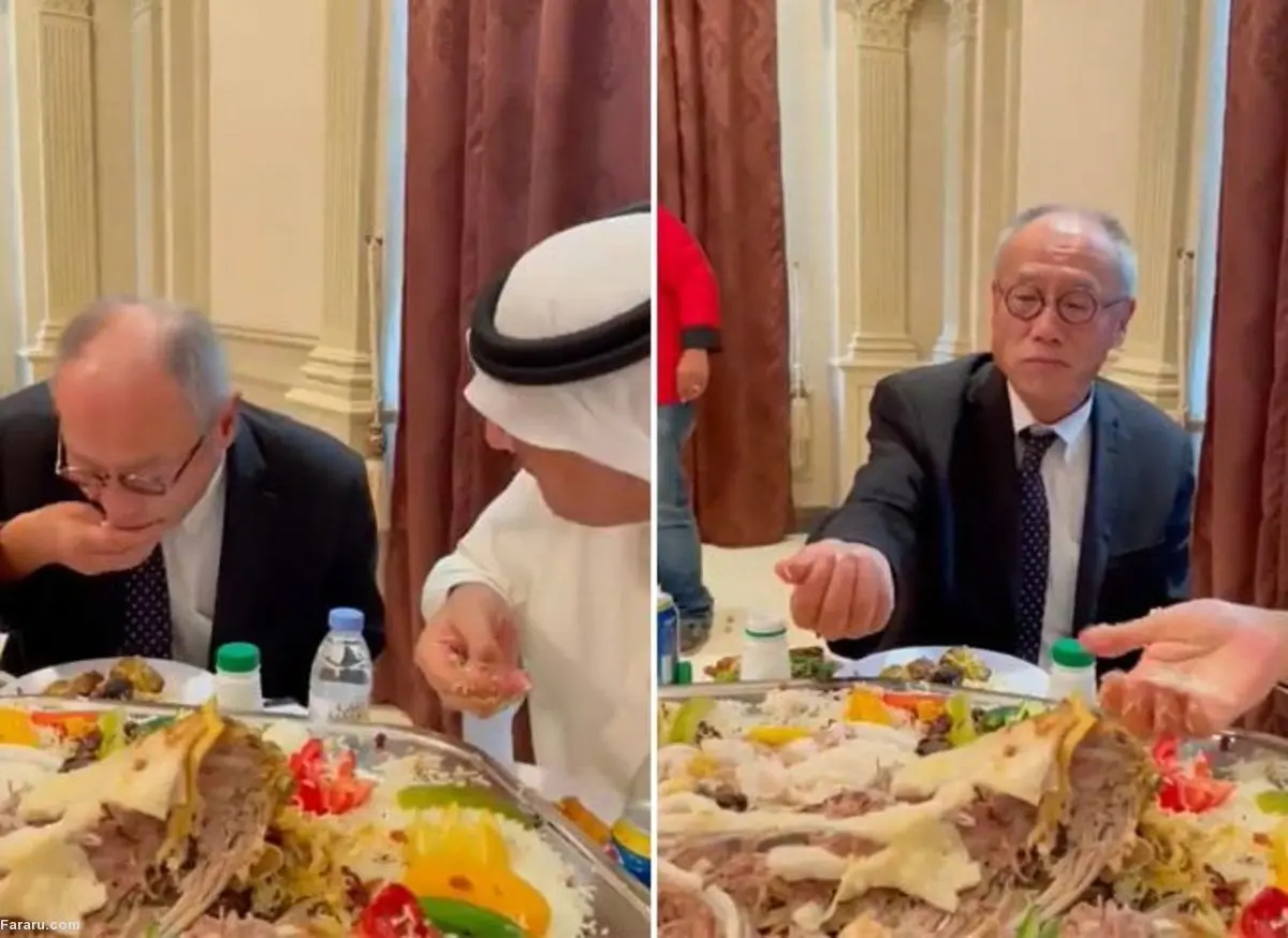 (ویدئو) تلاش سفیر ژاپن در عربستان برای غذا خوردن با دست!