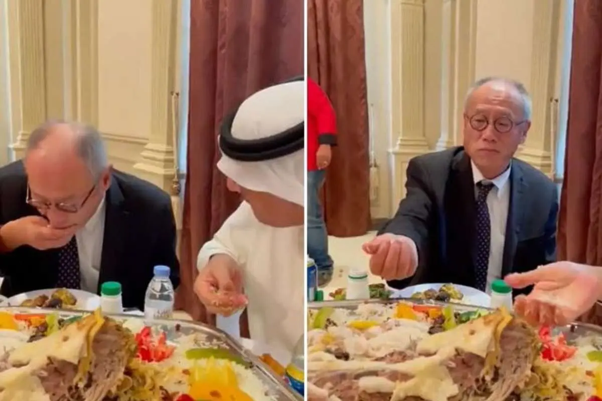 (ویدئو) تلاش سفیر ژاپن در عربستان برای غذا خوردن با دست!