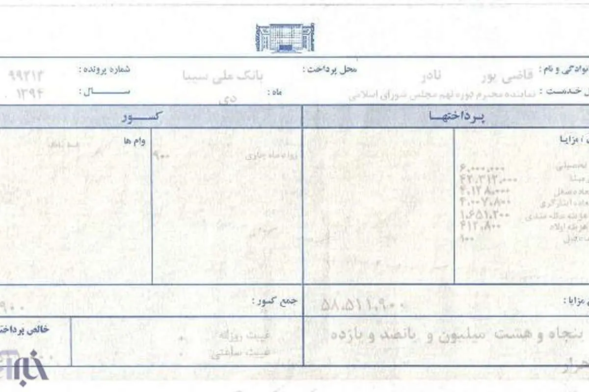 فیش حقوقی یک نماینده مجلس