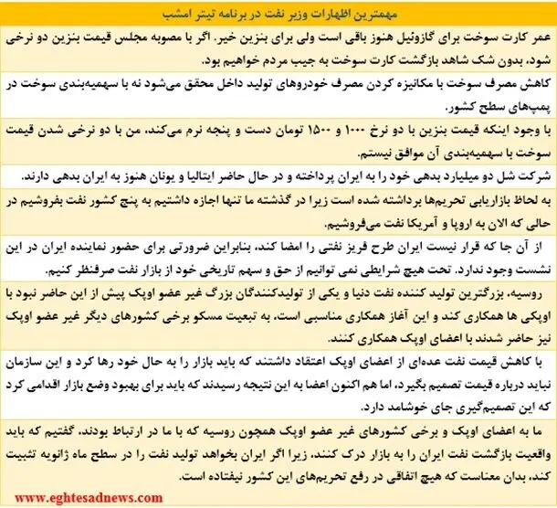 زنگنه: با دو نرخی شدن بنزین موافق نیستم