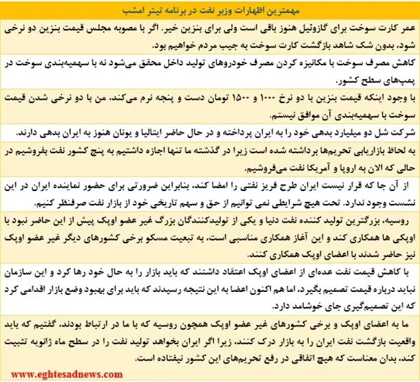 زنگنه: با دو نرخی شدن بنزین موافق نیستم