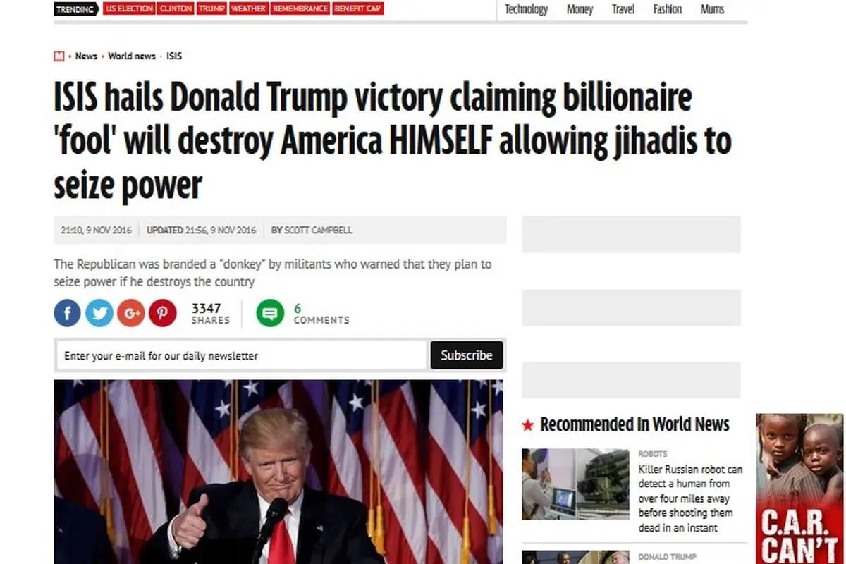 اولین واکنش داعش به انتخاب ترامپ