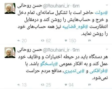 پیشنهاد روحانی برای شفاف‌سازی حساب‌ها قوه‌قضائیه