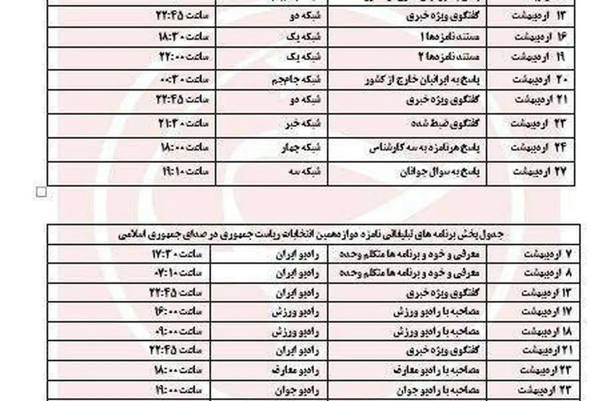 جدول پخش برنامه‌های تبلیغاتی نامزدها