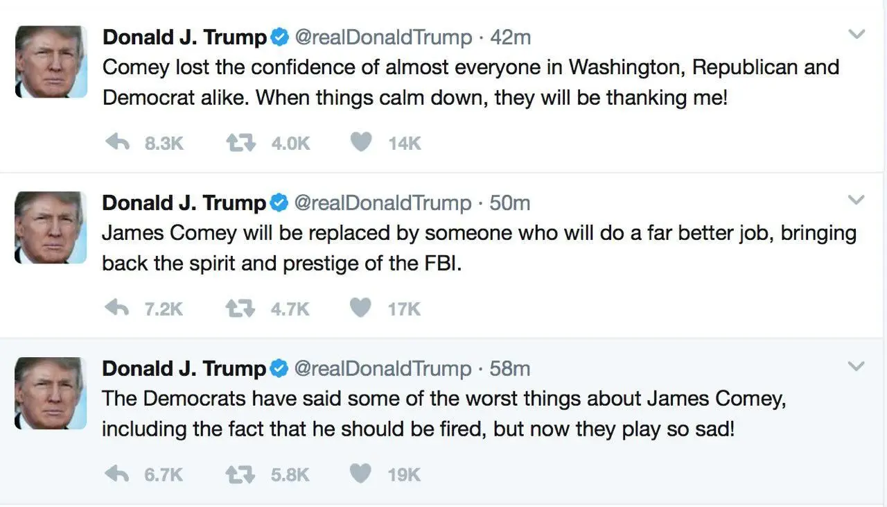 توییت ترامپ درباره برکناری مدیر اف بی آی