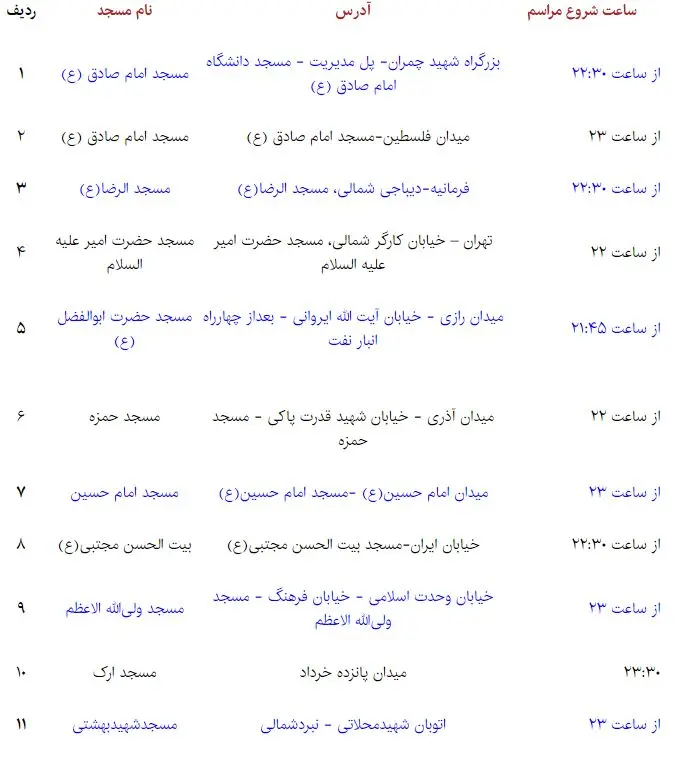 برنامه مساجد بزرگ تهران برای شب نوزدهم رمضان