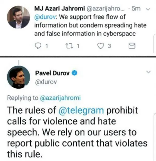 پاسخ مدیر تلگرام به وزیر ارتباطات