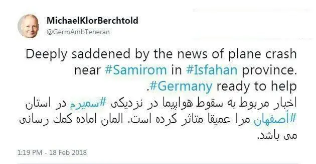توئیت سفیر آلمان برای سقوط هواپیما
