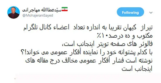 مهاجرانی: کیهان، ۱۰ درصد توییتر من مخاطب ندارد