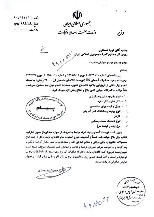 صادرات ۷ قلم کالا ممنوع شد