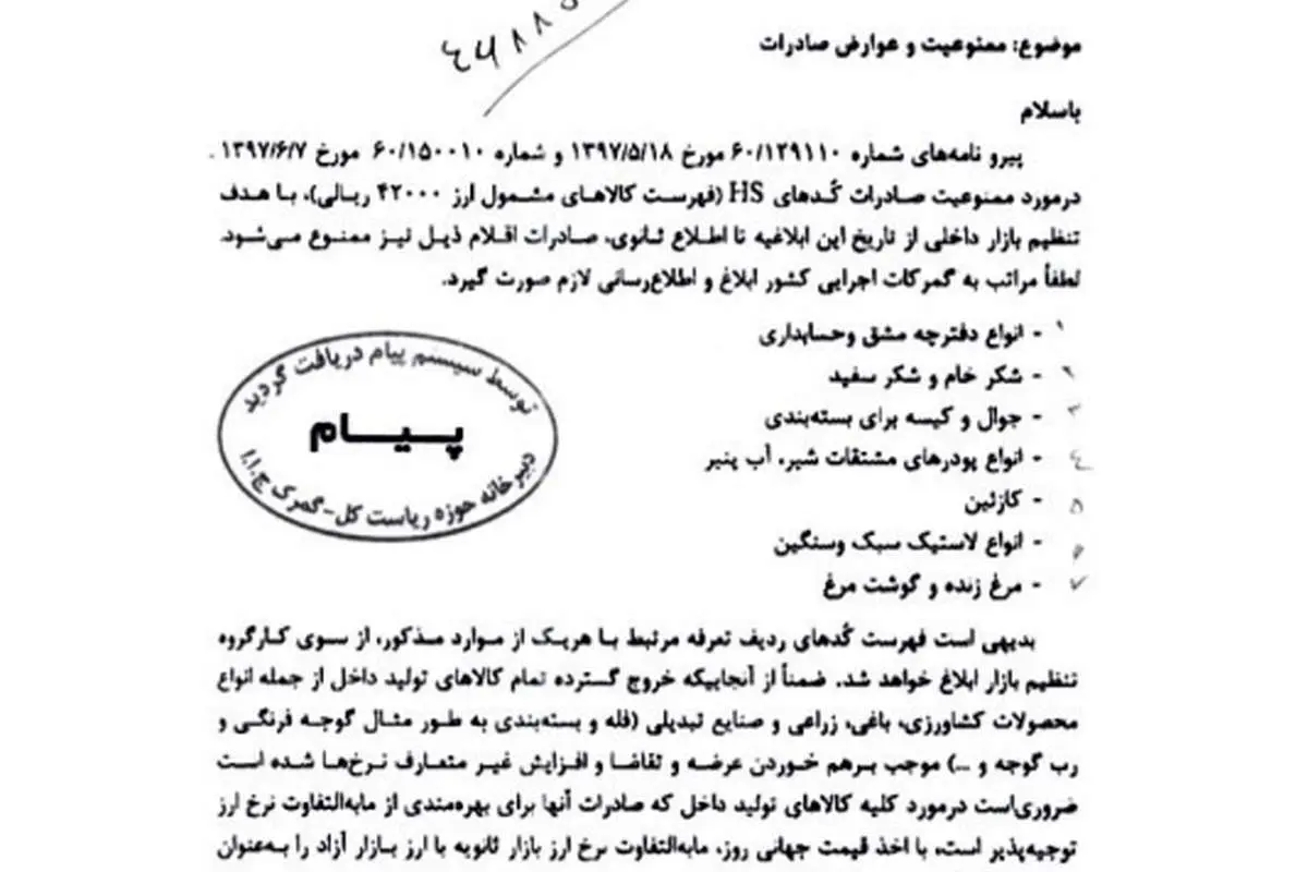 صادرات ۷ قلم کالا ممنوع شد