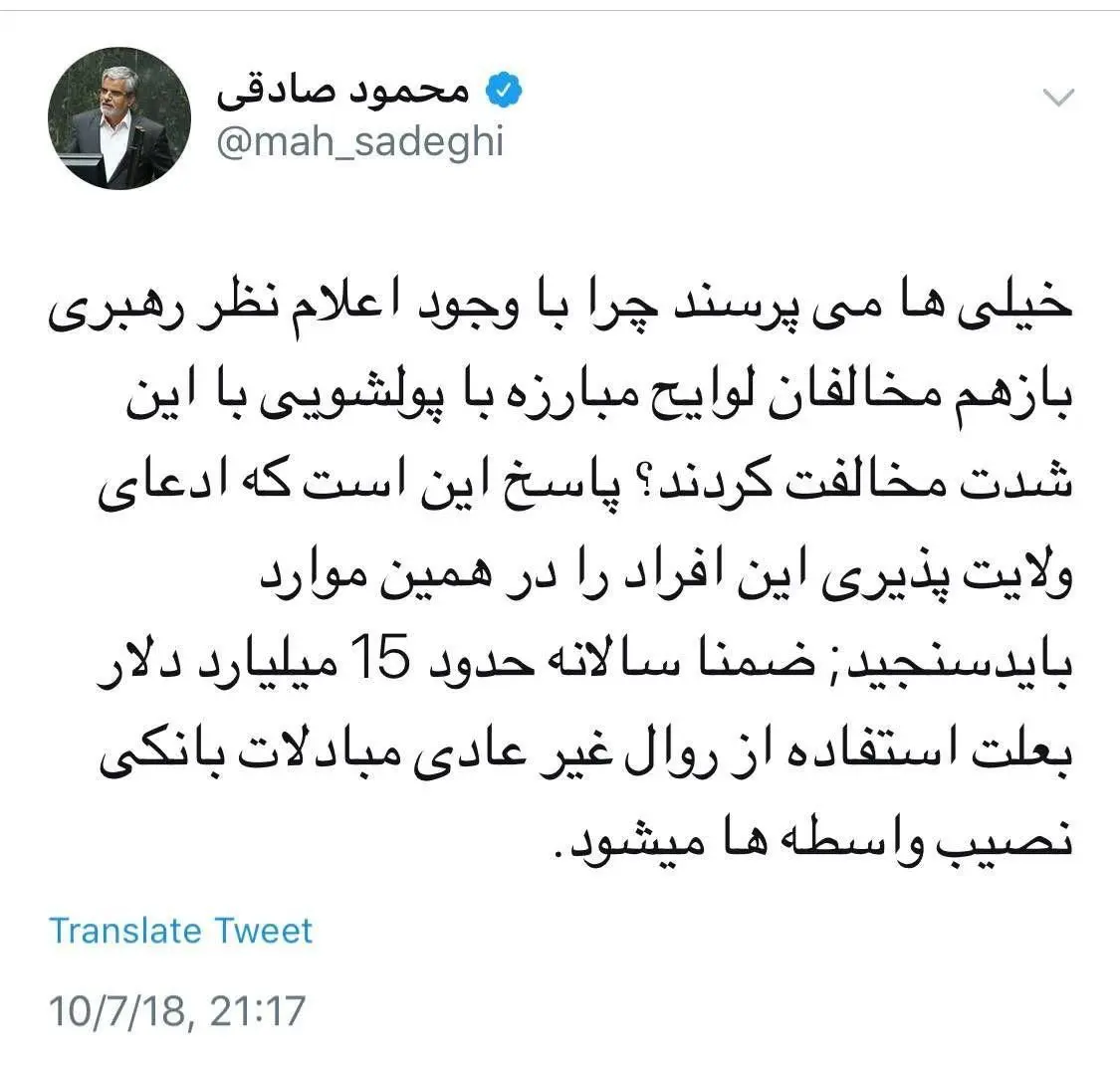 طعنه محمود صادقی به مخالفان FATF: ولایت‌پذیری تان همین بود؟