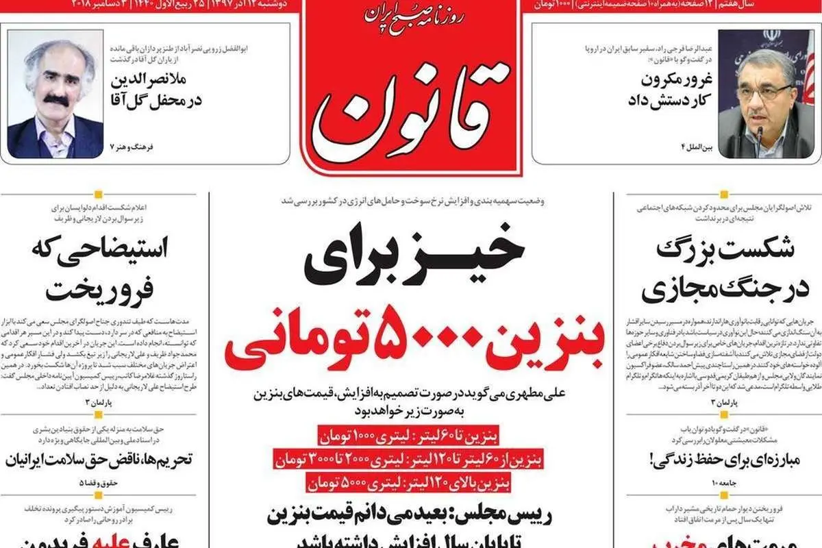 (تصاویر) صفحه نخست روزنامههای دوشنبه ۱۲ آذر ۹۷