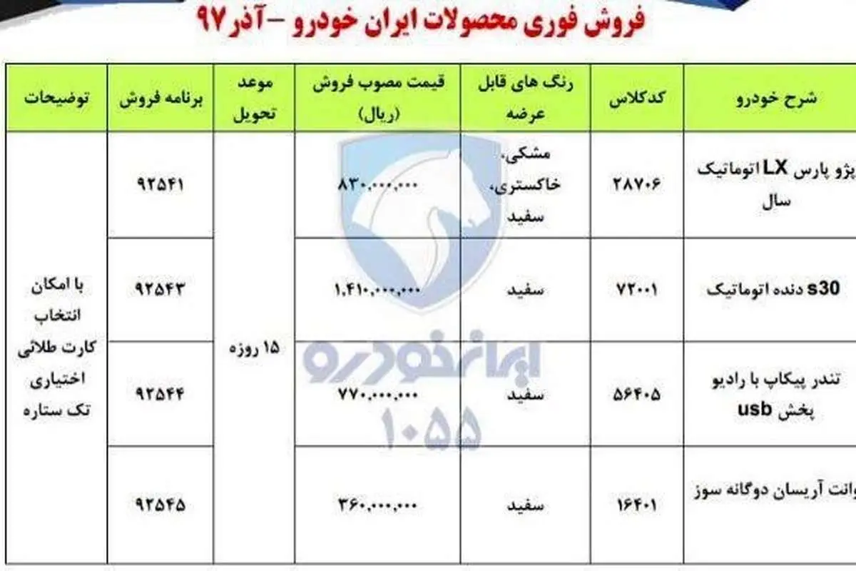 فروش فوری ۴ محصول ایران خودرو شنبه ۱۷ آذر؛ پارس اتومات ۸۳ میلیون تومان