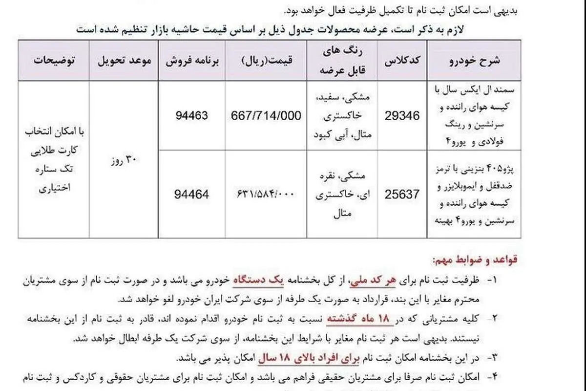 فروش فوری سمند ایل ایکس و پژو ۴۰۵ از فردا