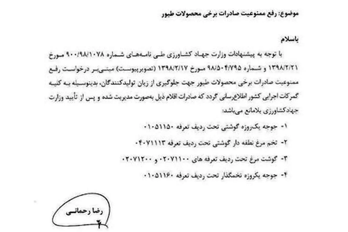 صادرات مرغ آزاد شد