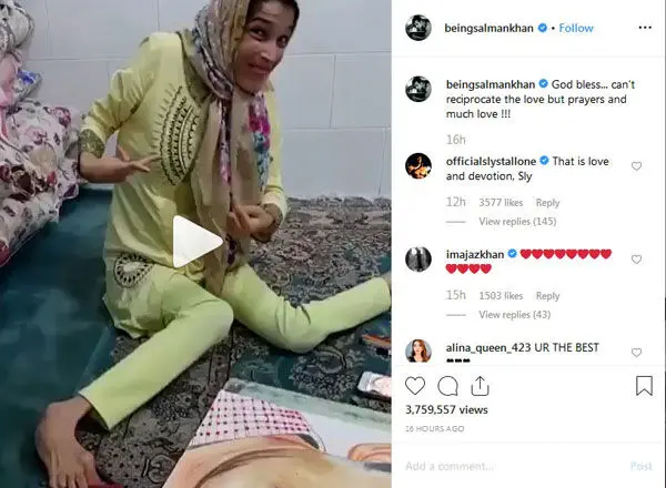 (تصویر) پیام سلمان خان به دختر نقاش ایرانی
