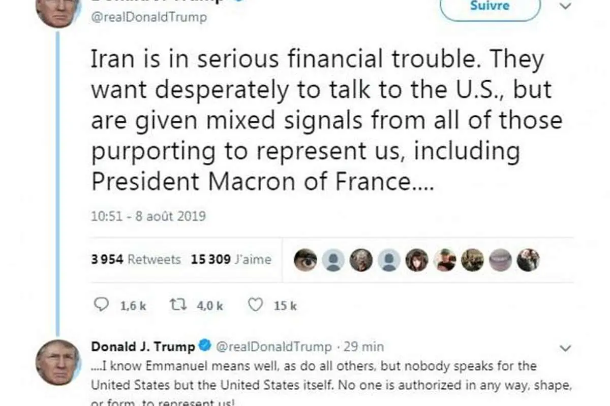 انتقاد ترامپ از مکرون: هیچکس حق صحبت با ایران از جانب آمریکا را ندارد
