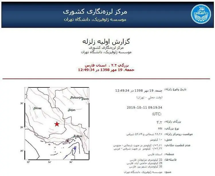 زلزله ۴.۲ ریشتری "مزایجان" فارس را لرزاند