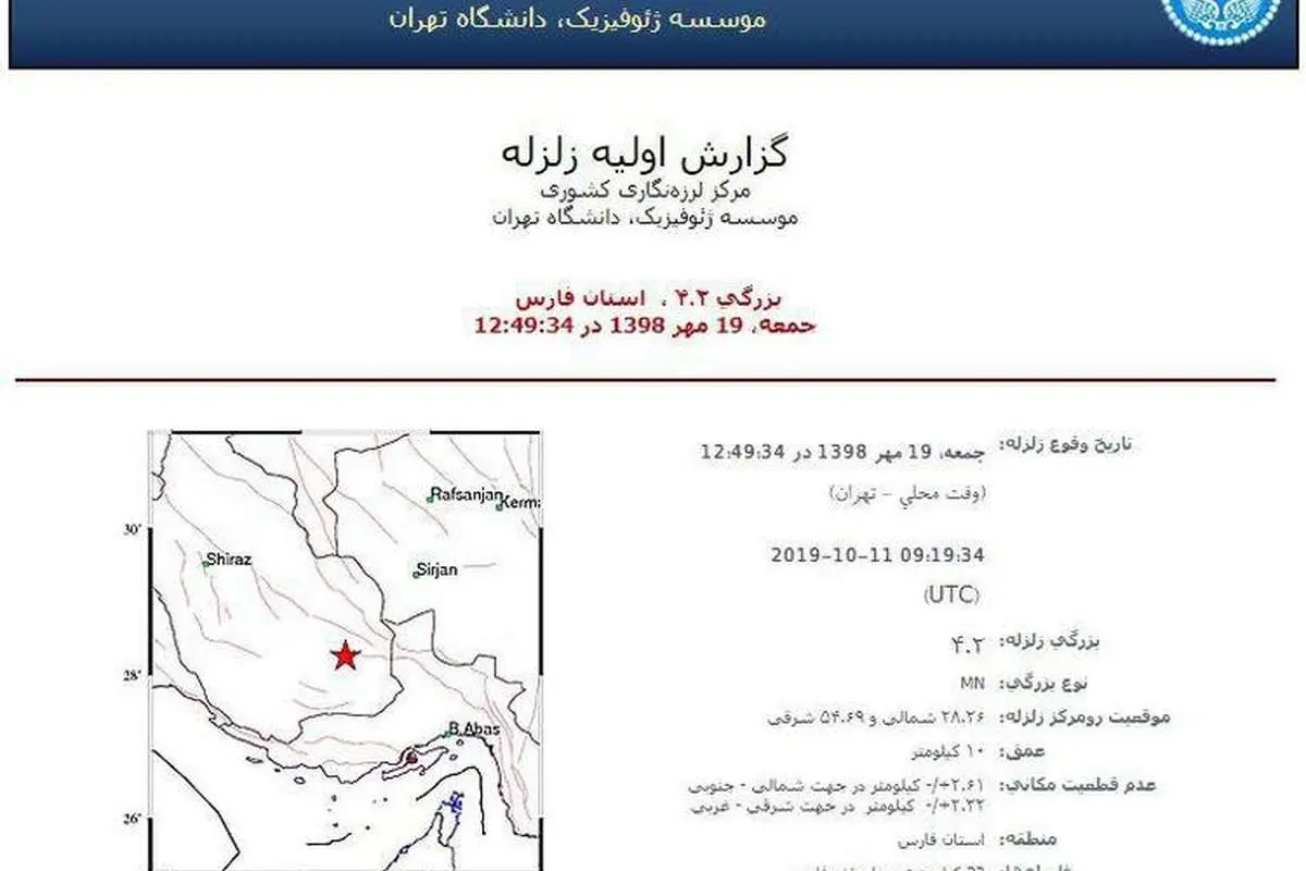 زلزله ۴.۲ ریشتری "مزایجان" فارس را لرزاند