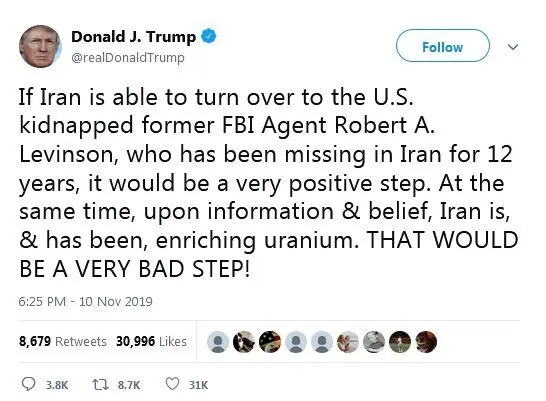 توئیت شبانه ترامپ برای ایران درباره لوینسون