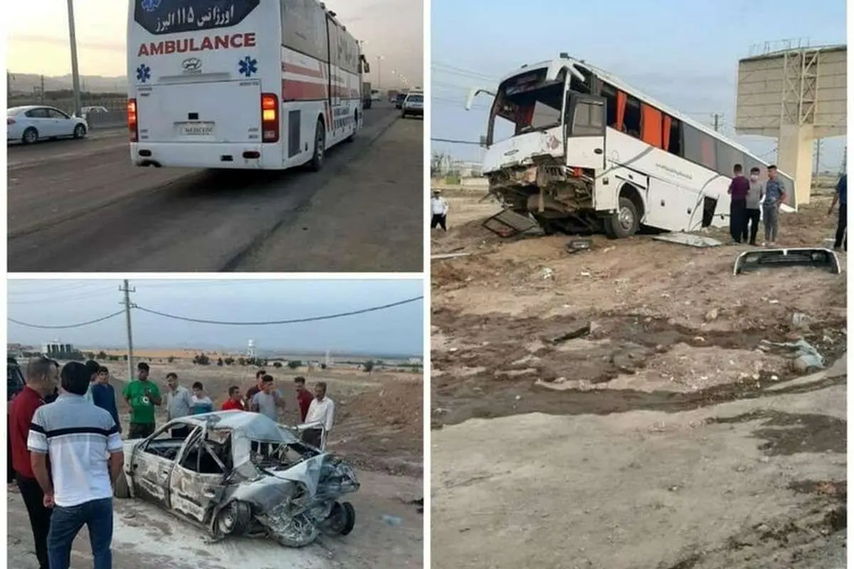 (تصویر) تصادف مرگبار اتوبوس و پژو پارس در آزاد راه قزوین - کرج