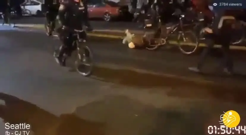 (ویدئو) عبور پلیس آمریکا با دوچرخه از روی سر معترض