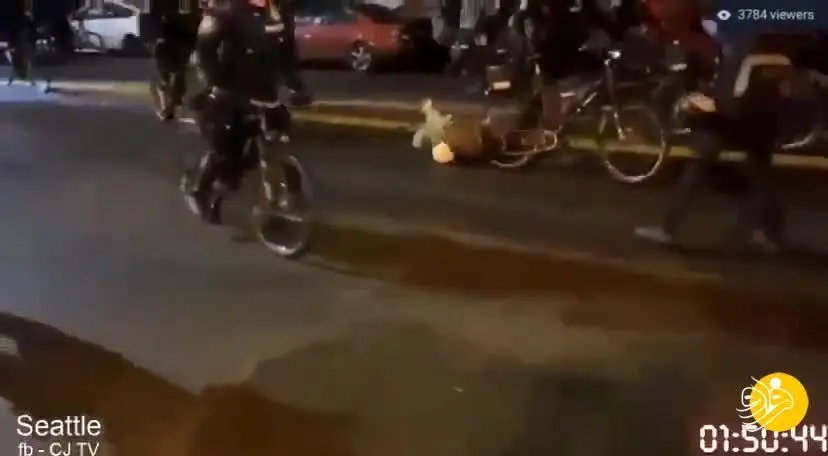 (ویدئو) عبور پلیس آمریکا با دوچرخه از روی سر معترض