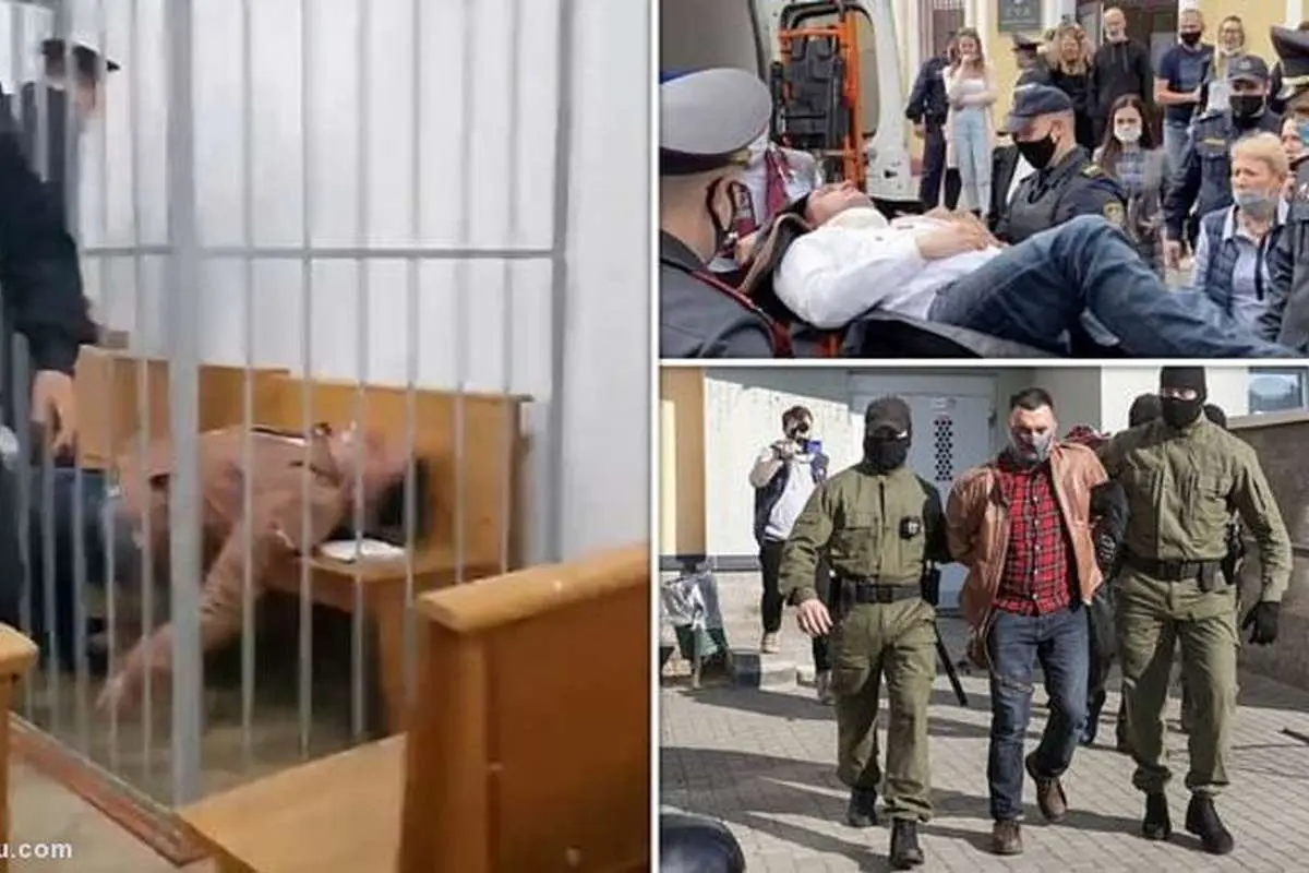 (تصاویر) فعال سیاسی مخالف دولت بلاروس گلوی خود را در دادگاه برید!