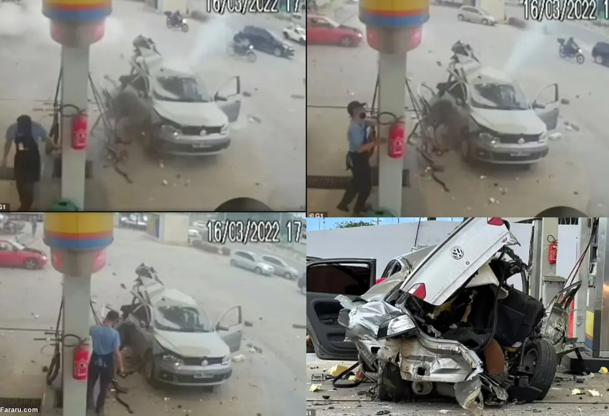 (ویدئو) لحظه انفجار یک خودرو هنگام سوخت گیری