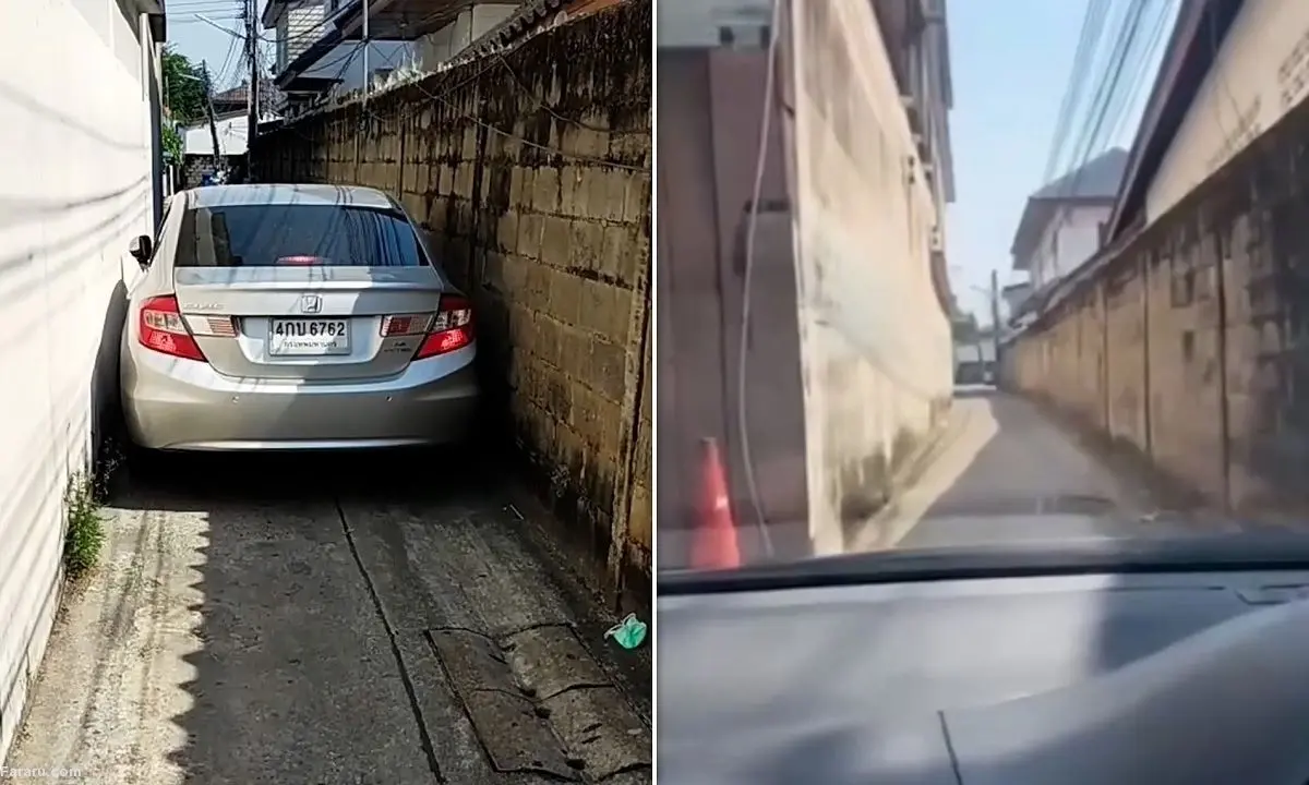 (ویدئو) عبور نفس‌گیر یک خودرو از کوچه خیلی تنگ!