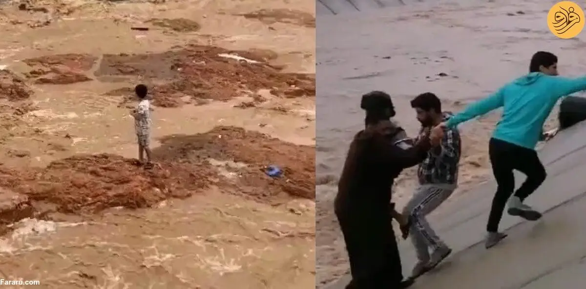(ویدئو) مرد عربستانی برای نجات کودک سیل زده جانش را به خطر انداخت