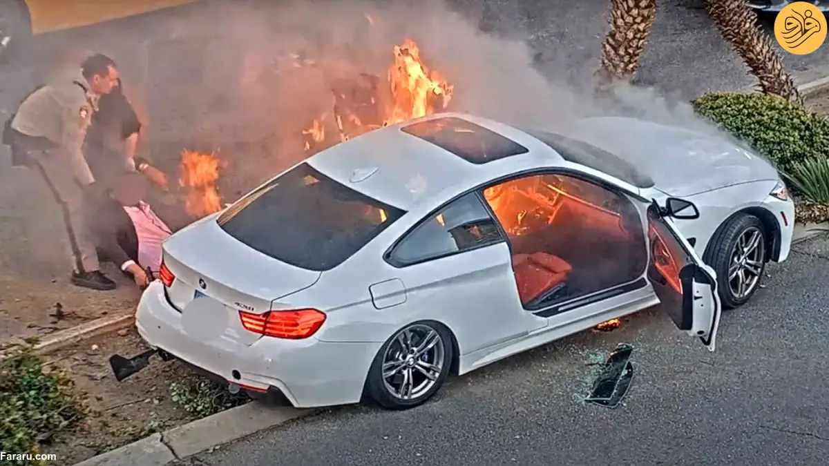 (ویدئو) نجات راننده از خودروی BMW درحال سوختن