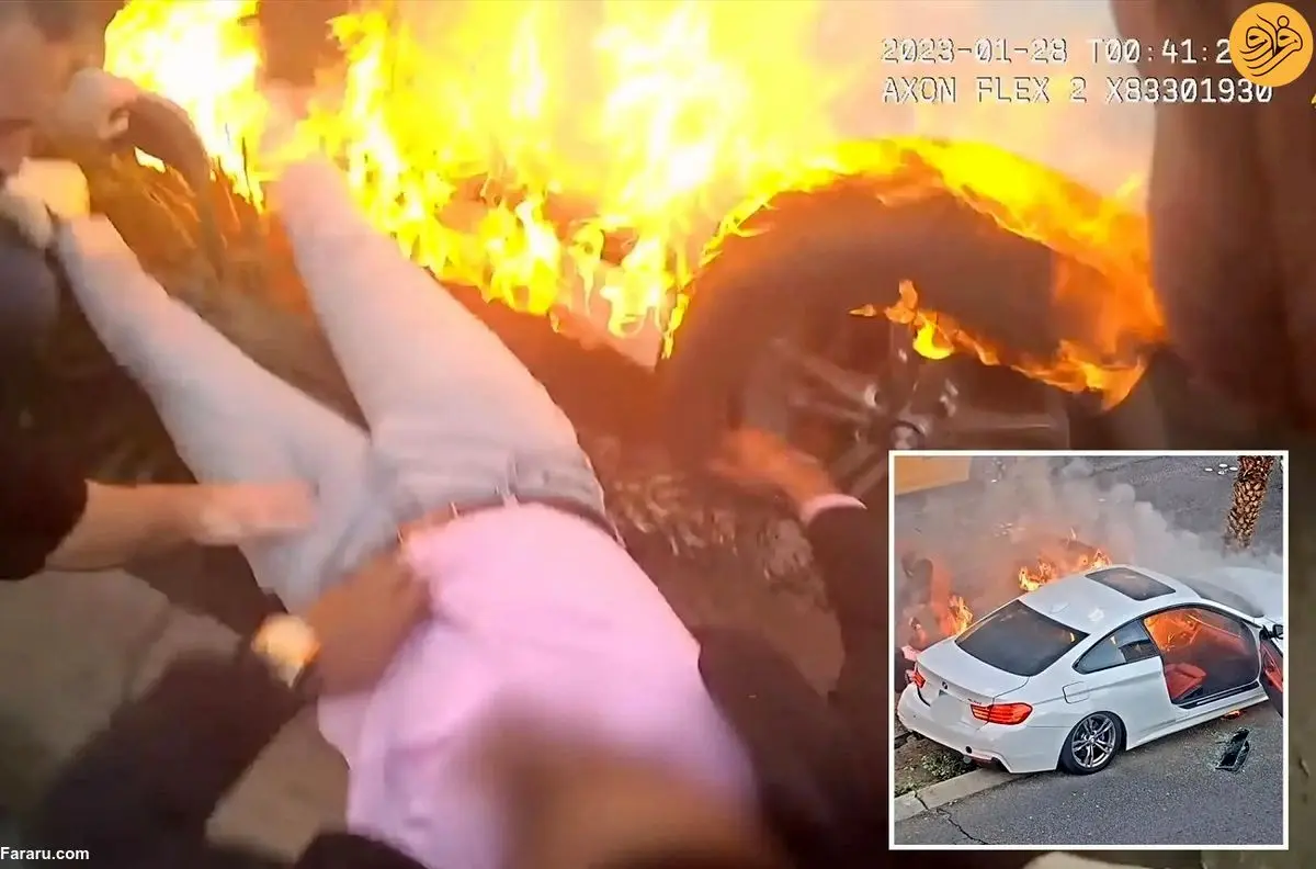 (ویدئو) پلیس راننده بیهوش را از خودروی آتش گرفته نجات داد