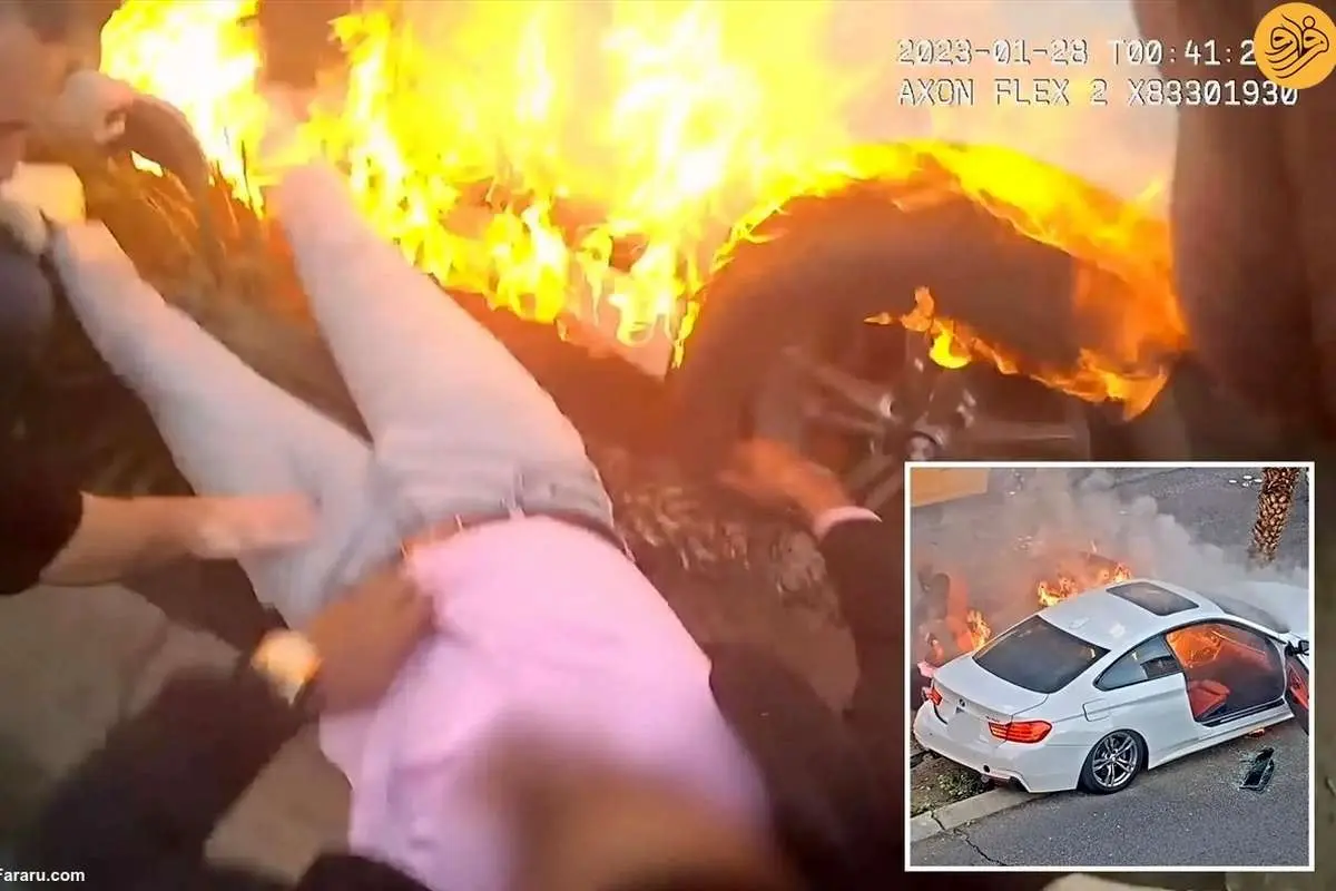 (ویدئو) پلیس راننده بیهوش را از خودروی آتش گرفته نجات داد